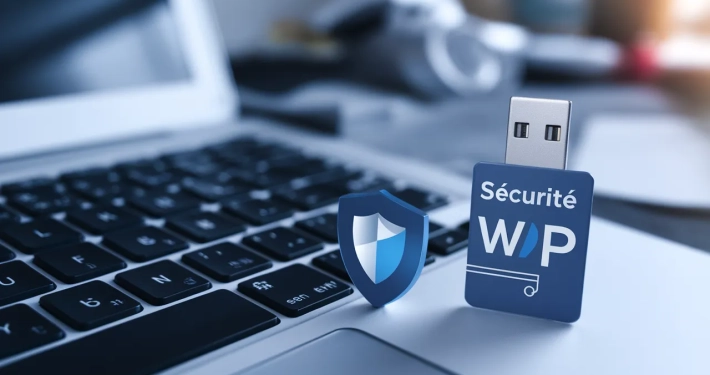 securite-wordpress-2025-cle-usb-bouclier clé USB symbolisant une bonne pratique de sécurité.