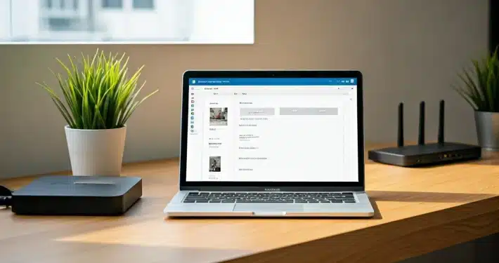 wordpress-securite-gestes-simples-laptop-wifi Laptop avec tableau de bord de site web ; routeur Wi-Fi — illustration des gestes de sécurité 2025.