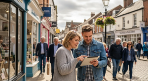 Couple consultant une tablette dans une rue commerçante pour trouver un commerce à proximité