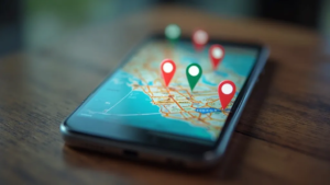Smartphone affichant une carte avec des épingles de géolocalisation pour le référencement local à Orléans