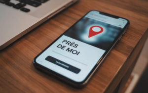 Écran de smartphone affichant la mention près de moi lors d'une recherche locale